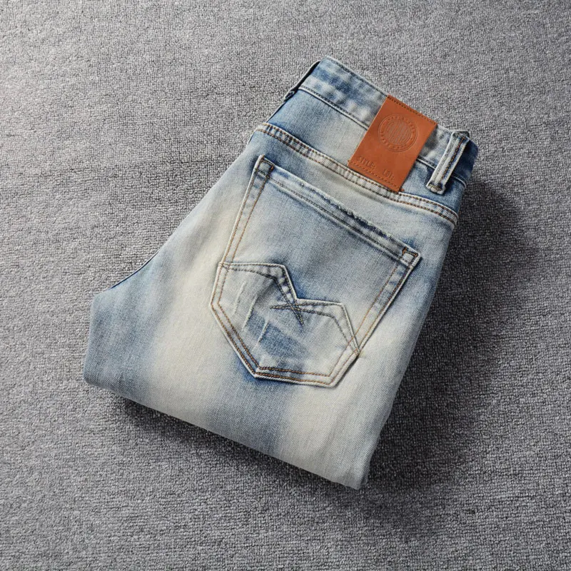 Italian Style Fashion Men Jeans High Quality Retro Washed Light Blue Elastic Slim Ripped Jeans Men Vintage Designer Denim Pants