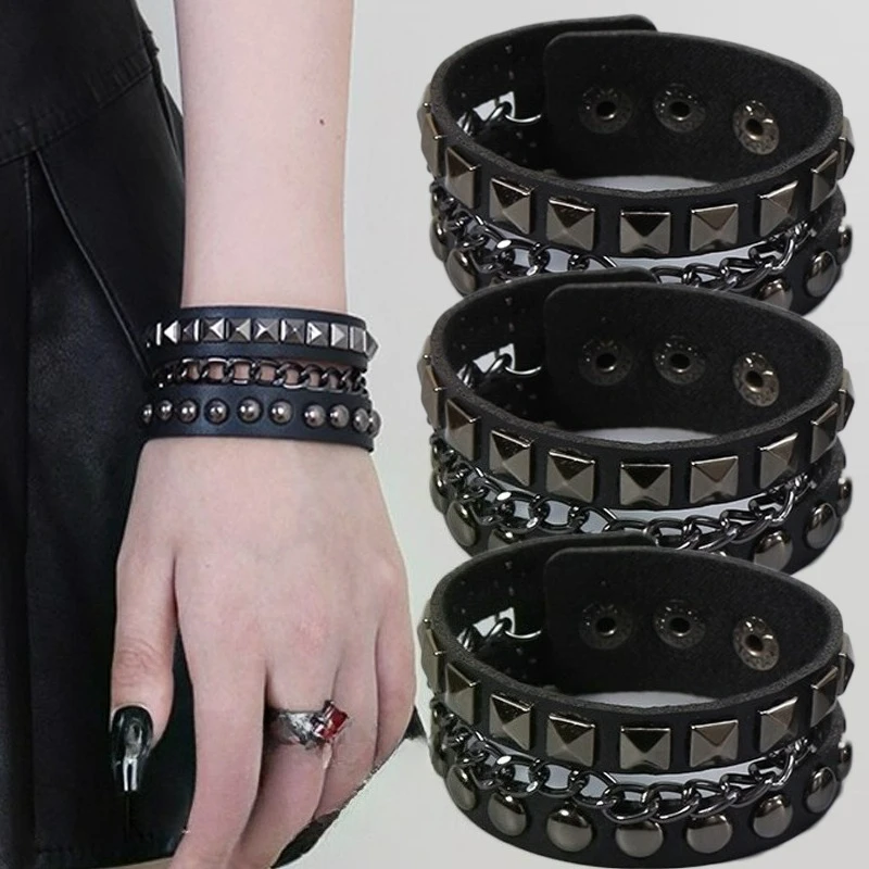 Vintage 3 Layer Leather Bracelets Punk Row Cuspidal Spikes Rivet Stud Wide Cuff PU Leather Punk Gothic Rock Unisex Goth Jewelry