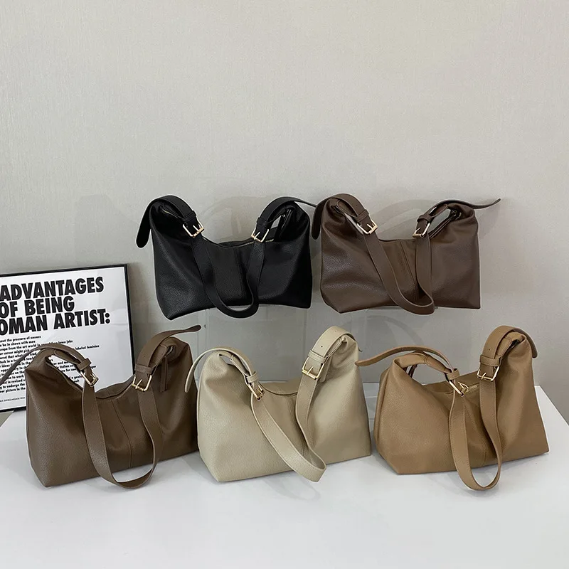 

New women's soft leather large capacity fashionable wide shoulder strap single shoulder crossbody bag