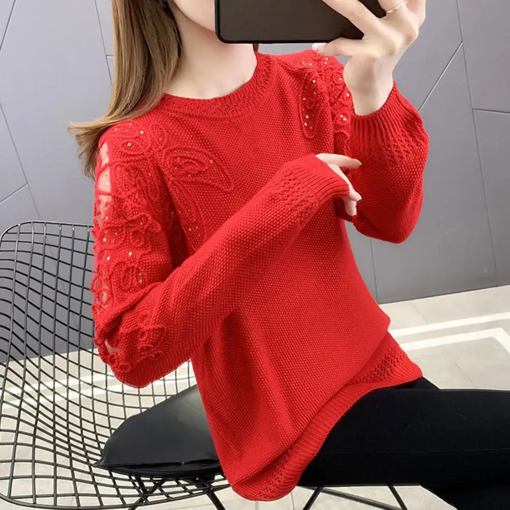 Popular Casual Sweater Sequins Decor Loose Fit Lady Lace Stitching Knitting Sweater  Skin-Touch Pullover Sweater Daily Clothing