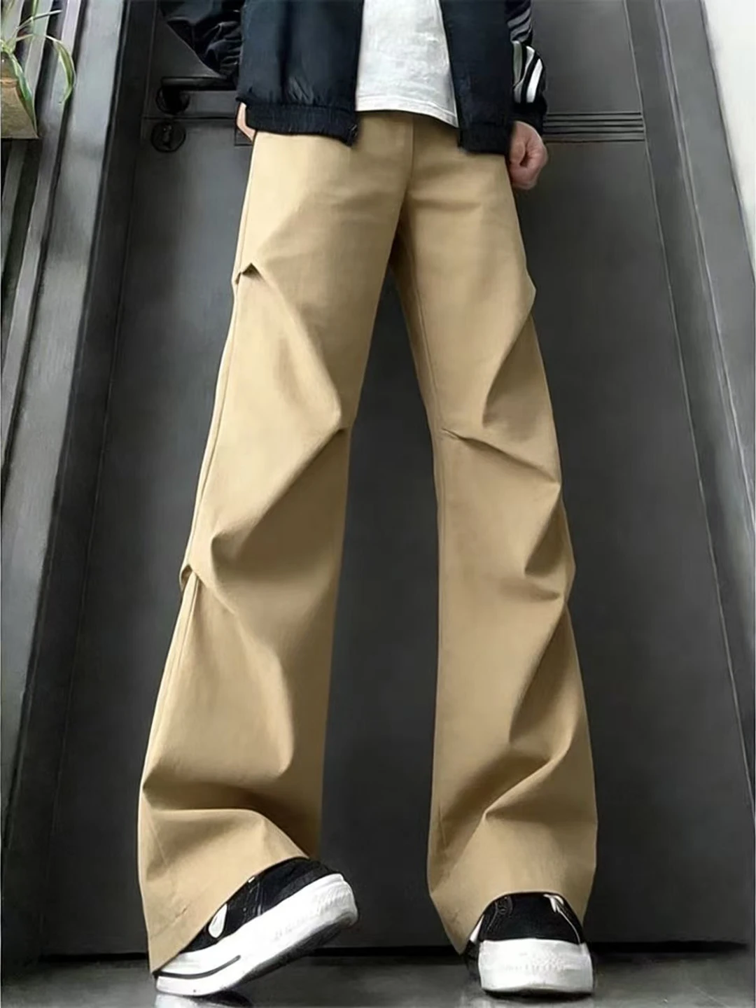 

Khaki Folded Wide Leg Men's Autumn Winter Fce Lined Trousers CleanFit Drapey Bootcut Workwear Pants Loose Fit Casual Jeans