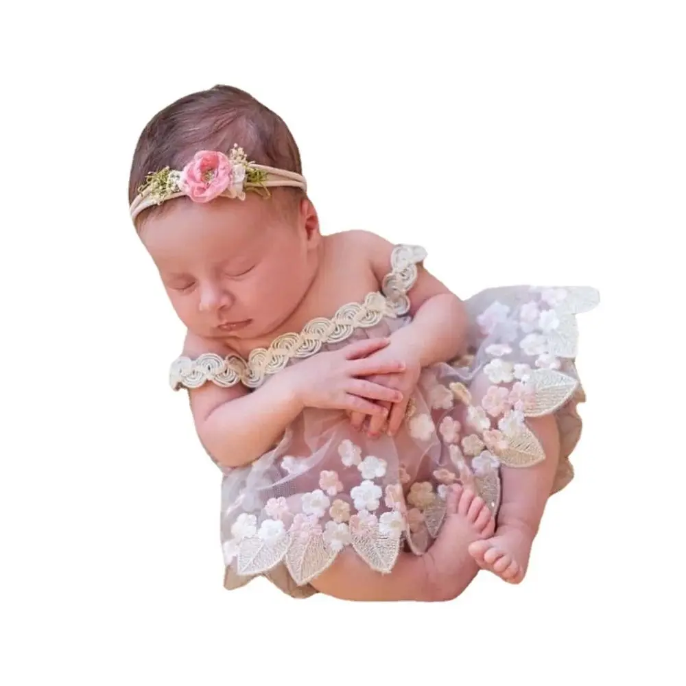 Newborn Photography Props Lace Dress Flower Embroidery Perspective Dress Embroidered Lace Dress Net Yarn Soft