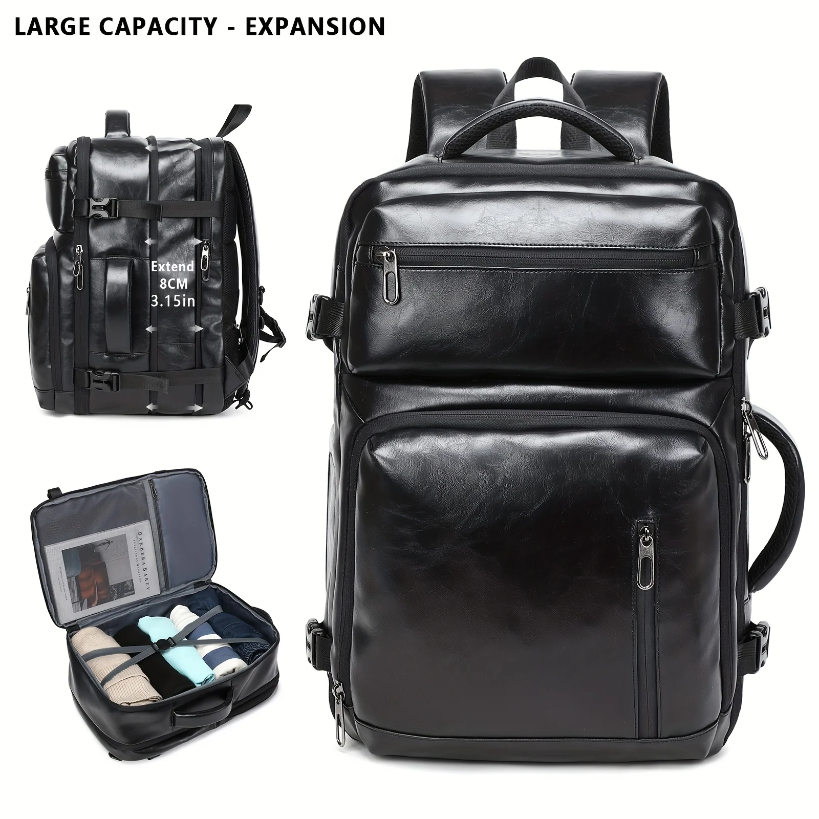 Mochila de viaje, mochila de mano aprobada para vuelos, bolsa de día para computadora expandible e impermeable, parte trasera negra