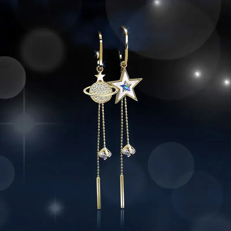 2024 New Trend Star Earth Long Tassel Dangle Earrings For Women Planet Crystal Statement Pendant Earrings Wedding Party Jewelry