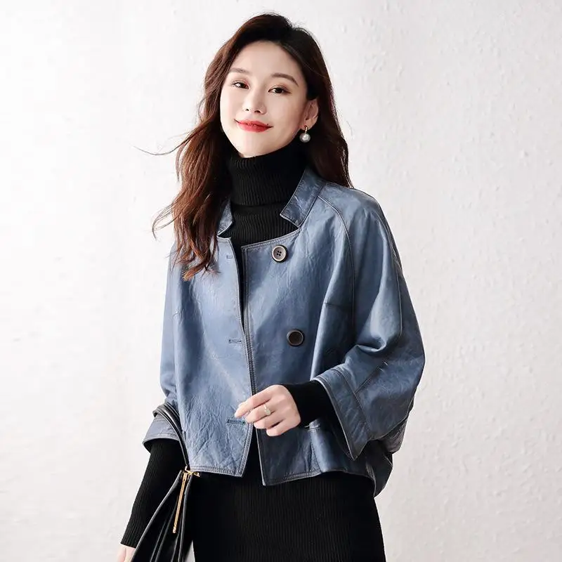 Genuine Leather Sheepskin Coat Women's Clothing Short Single Leather Cloak Large Loose Coats and Jackets for Women Vintage Tops