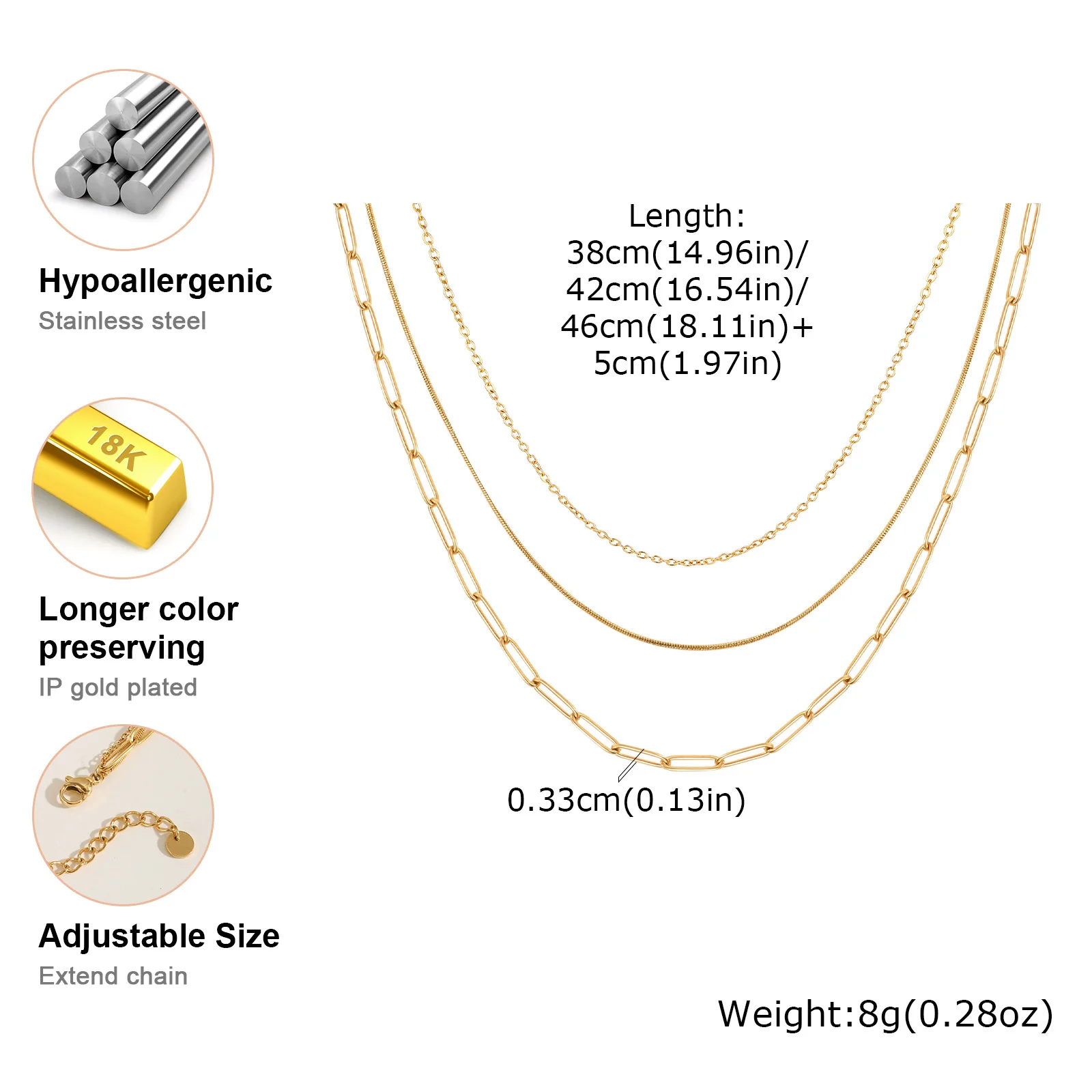 Stainless Steel Triple Layer Necklaces, Gold Plated Women Stackable Necklace Set Jewelry