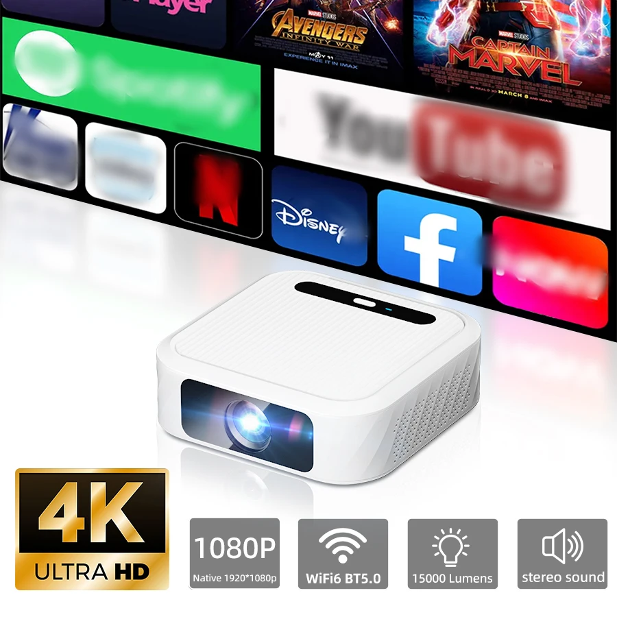 4K Smart Projector 1920 * 1080P Full HD 5G Wifi Control Home Theater Supports HDMI and Wifi Connections Built in Android System