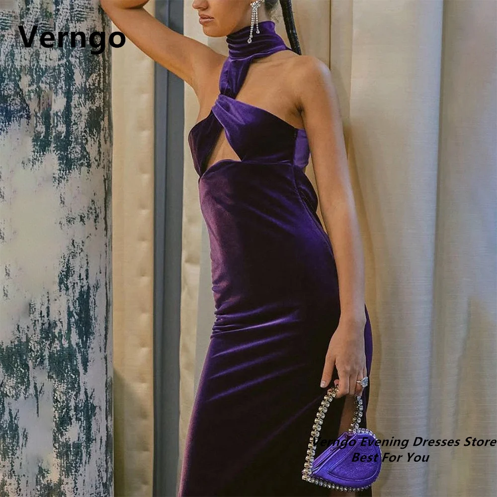 

Verngo Purple Halter Sleeveless Side Slit Cut Out Sexy Dress Special Event Backless Prom Gown Pleat Evening Dress Customized