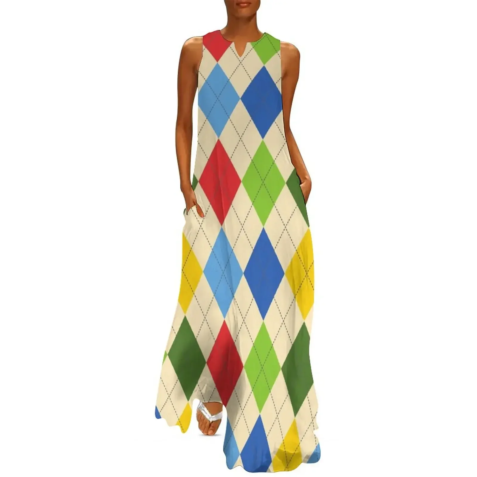 

1980s Preppy Retro Vintage Rainbow Argyle Long Dress long sleeve dress Dress