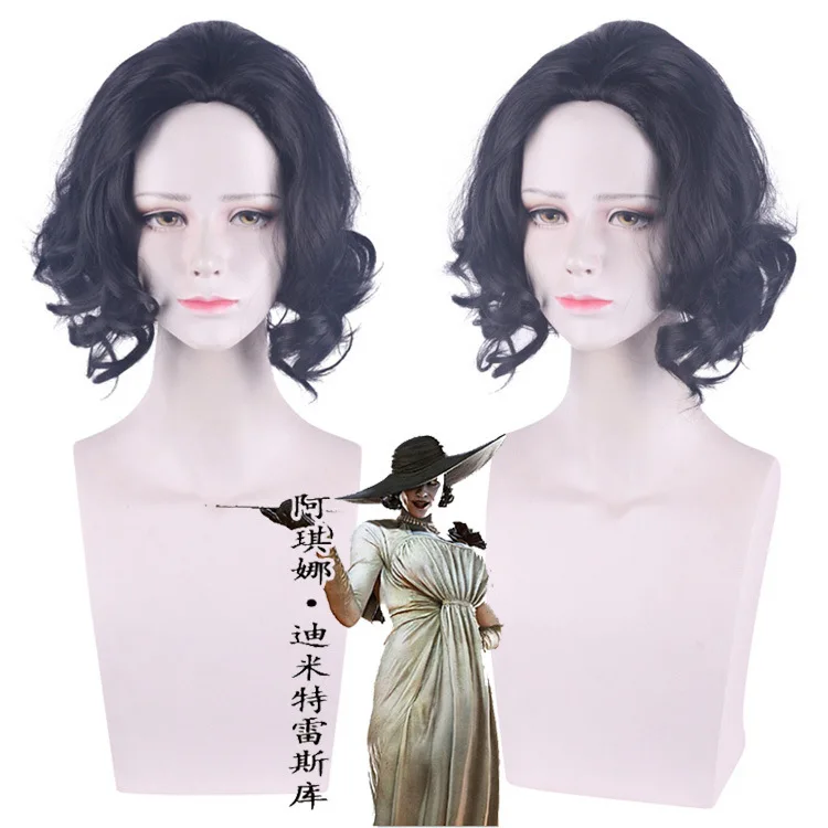 Peluca sintética ondulada larga para mujer, disfraz negro y marrón, pelo de fiesta para Cosplay, resistente al calor, vestido elegante de Halloween, flequillo lateral