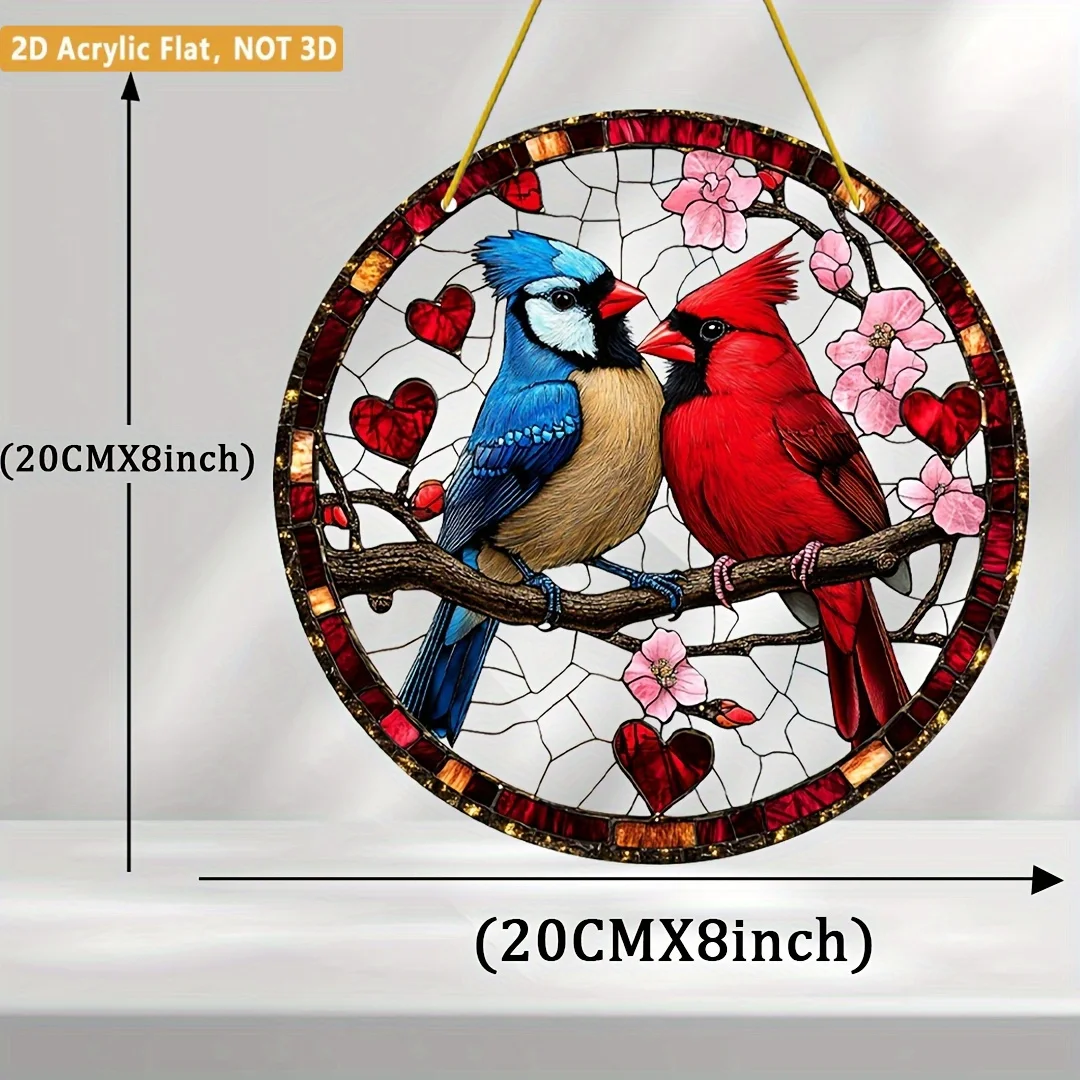 2D Flat, 2D Flat Red and for Blue Bird Love Acrylic Sun Catcher, 8x8 Inches - Vibrant Stained Glass Window Hanging with Floral B