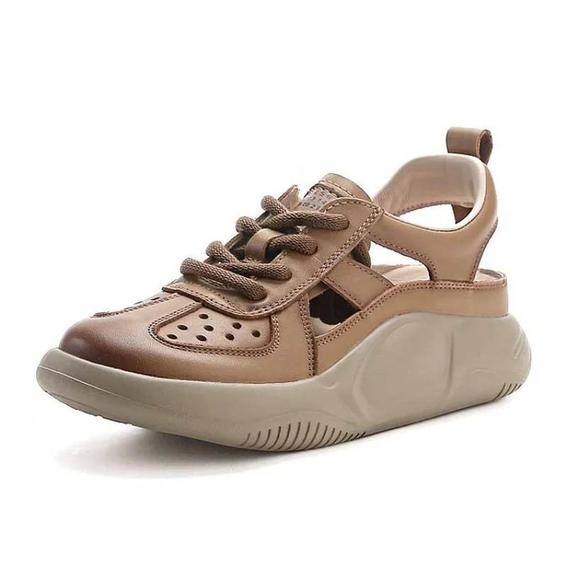 

Босоножки на платформе 3,5 см, женские новые летние туфли с круглым носком, легкие повседневные кроссовки из натуральной кожи на шнуровке с толстой подошвой