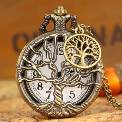 Hollow Out Life Tree Pattern Bronze Pocket Watch with Necklace Chain Arabic Numerals White Dial Vintage Style Pendant Watch Gift