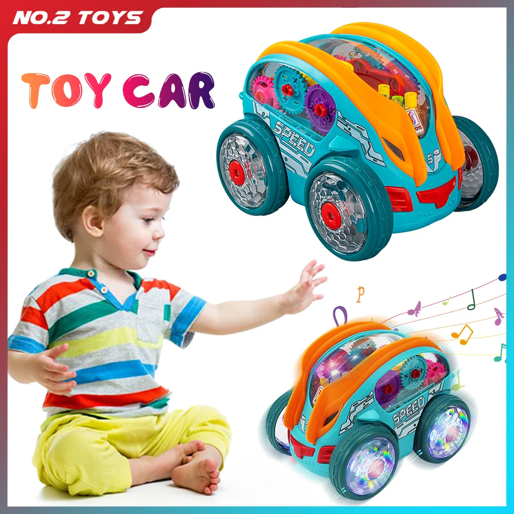 Cartoon per bambini Gear Car Toy Lights Musica Pull-back Trasparente Stunt Car Giocattolo scorrevole Ragazzo Ragazza Elettrico Stunt Rolling Car Toy