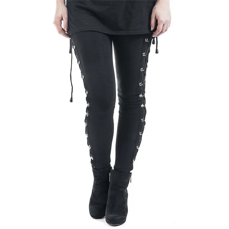 Gothic Street Style Leggings Women Skinny Black Pants High Waist Butt Liftting Fashion Lace Up Leggings Outdoor Walking Pants