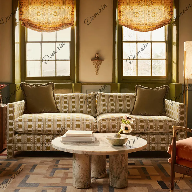 French art style three-person sofa villa home straight row large sofa American living room casual color fabric sofa