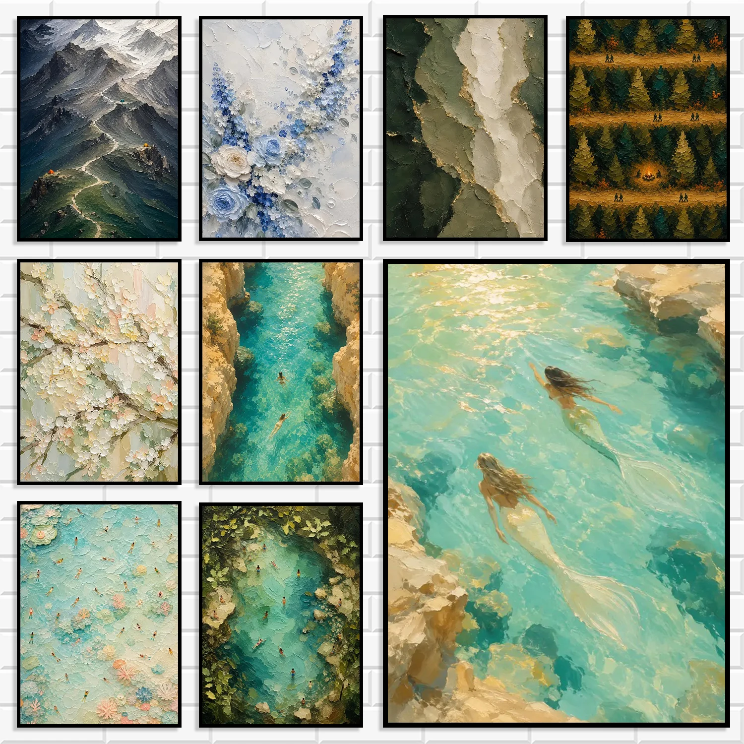Nordic Impasto Texture Nature Scenery Wall Art Prints Mermaid Forest Floral Canyon Mini Figure Swimming Diamond Poster Home De