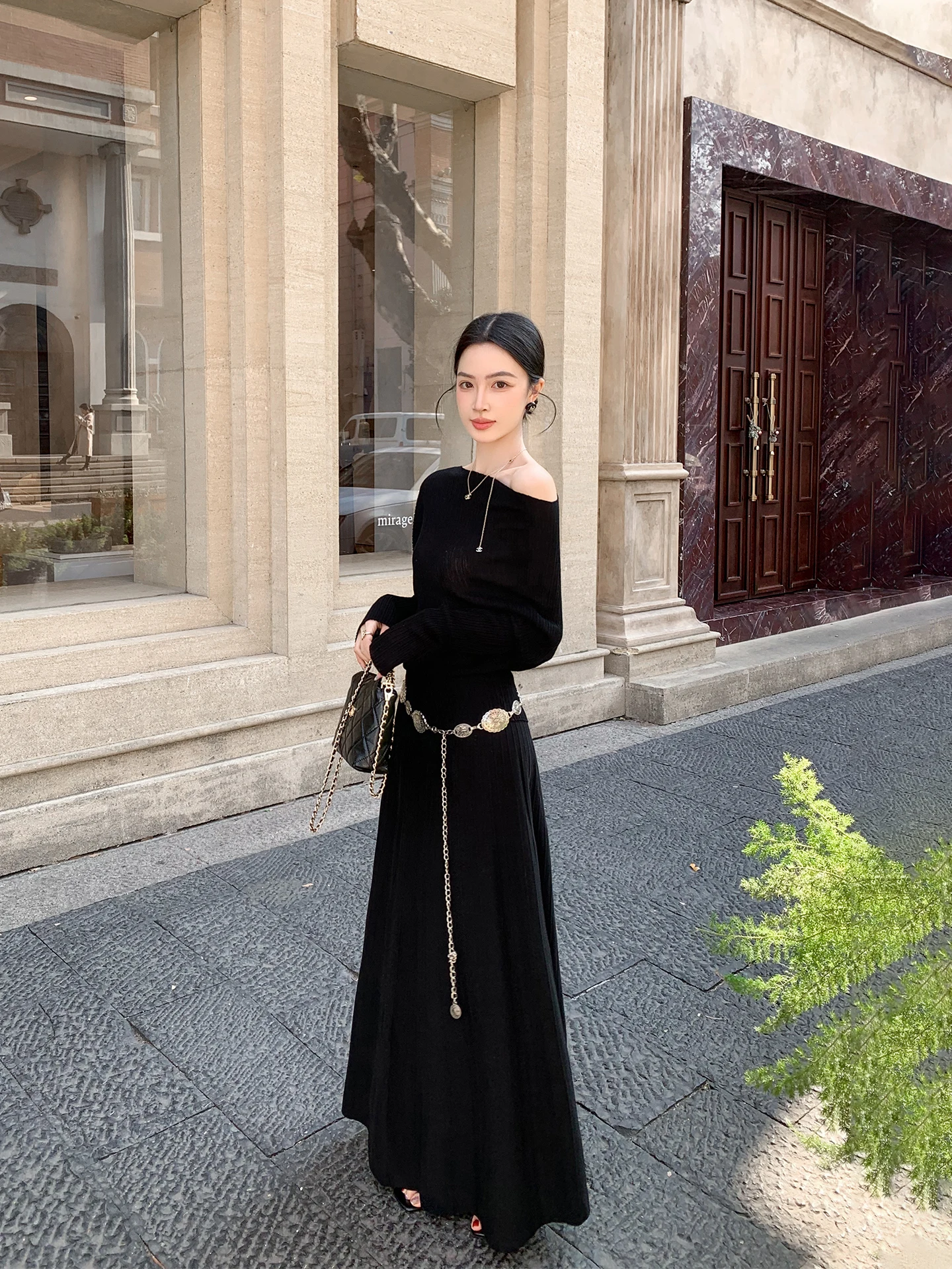 

Bla Slimming Knitted Top And Skirt Set with Sa Ele Sle One-oulder One-Ne Design Spring New Arrival Women's Faion