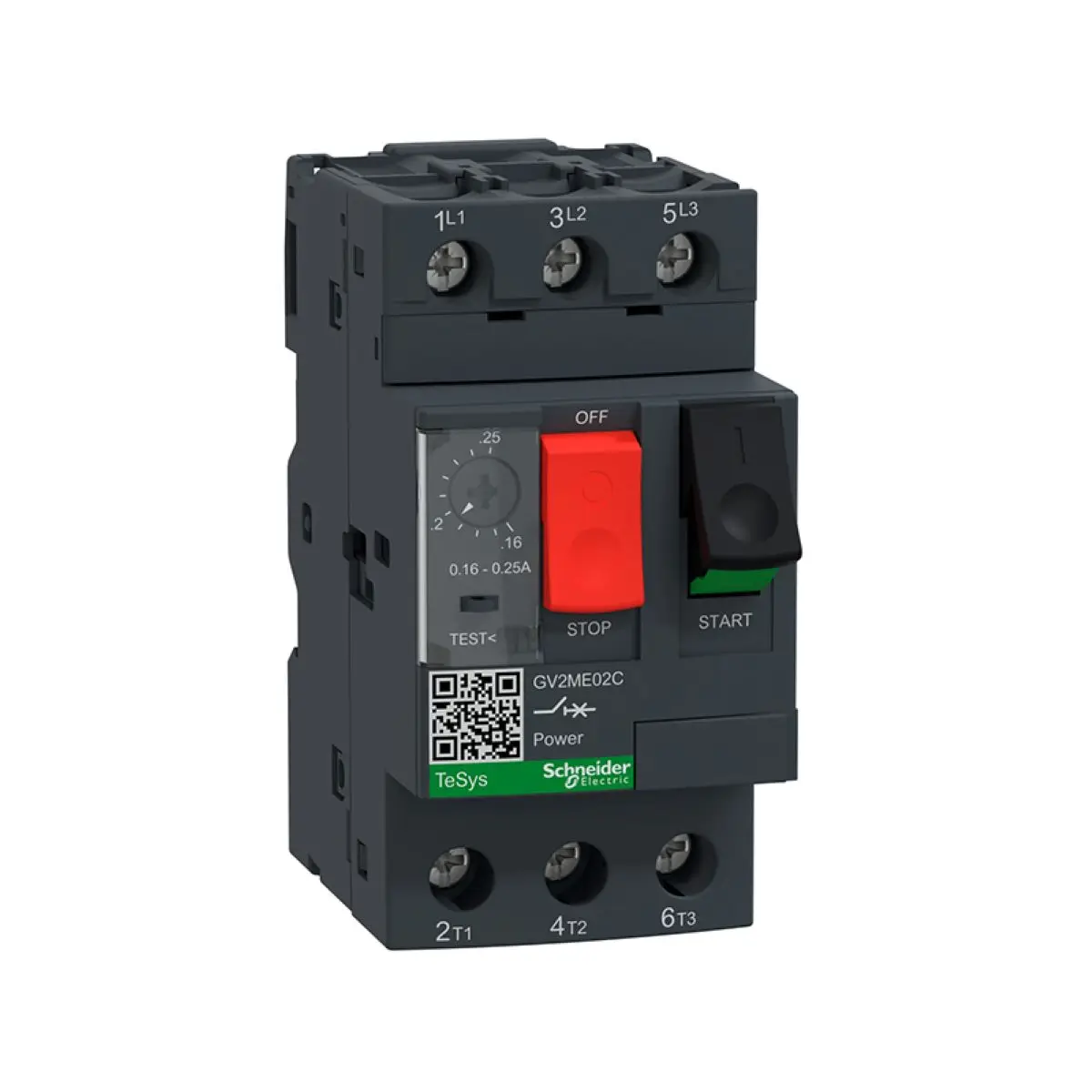 

GV2M02 GV2ME02 GV2ME02C GV2-ME02C Motor circuit breaker, TeSys GV2, 3P, 0.16-0.25 A, thermal magnetic, screw clamp terminals