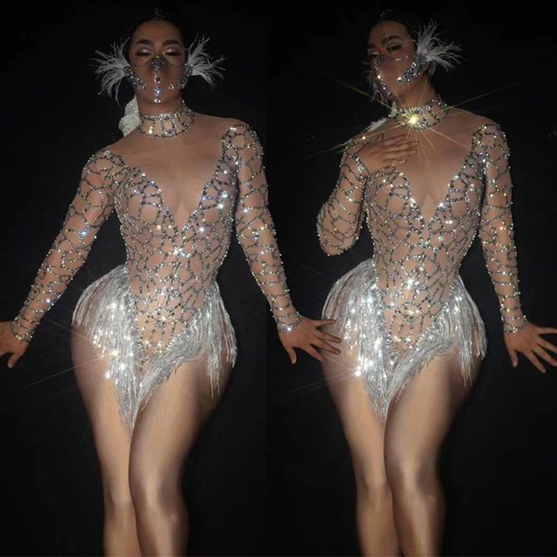 Hot Sale Nude Jumpsuit Silver Rhinestone Sequined Fringe Dress Women Singer Dj Gogo Dance Costume Party Rave Stage Wear