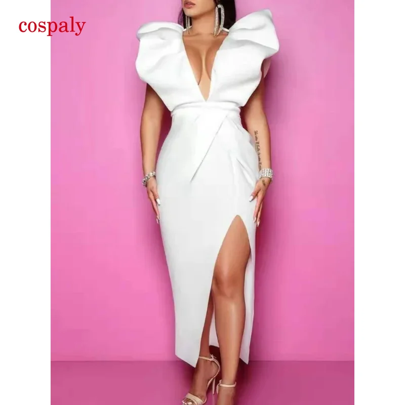 A White Dresses Women Party Sexy Deep V Neck High Waist Slit Bodycon Ruffles Backless Event Occassion Celebrate Evening Robe 202