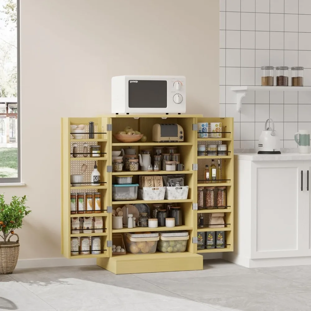 

Pantry Cabinet, Rattan Kitchen Storage Cabinet with 2 Doors and Adjustable Shelves, 40.5" H Food Storage Freestanding Cupboard