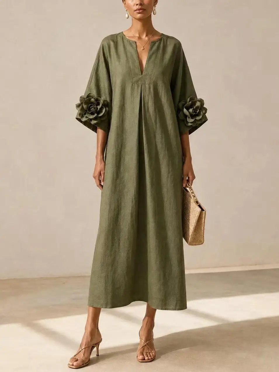 Women 2026 Olive Green V‑Neck Midi Dress, Eye‑Catching Floral Decorative Cuffs European American Style Casual Party Dress