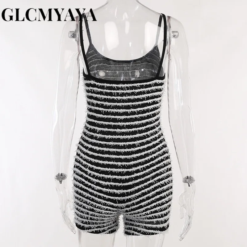 GLCMYAYA Women Streetwear Black White Striped Backless Slim Romper 2023 INS Summer Fashion Sleeveless Sexy High Waist Playsuits