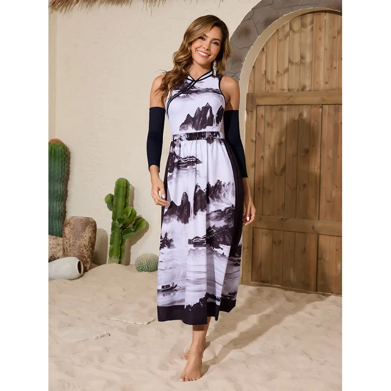 

Printed one-piece swimsuit for women, two-piece set, sexy, tight-fitting, conservative, with sleeves, Chinese style, short-sleev