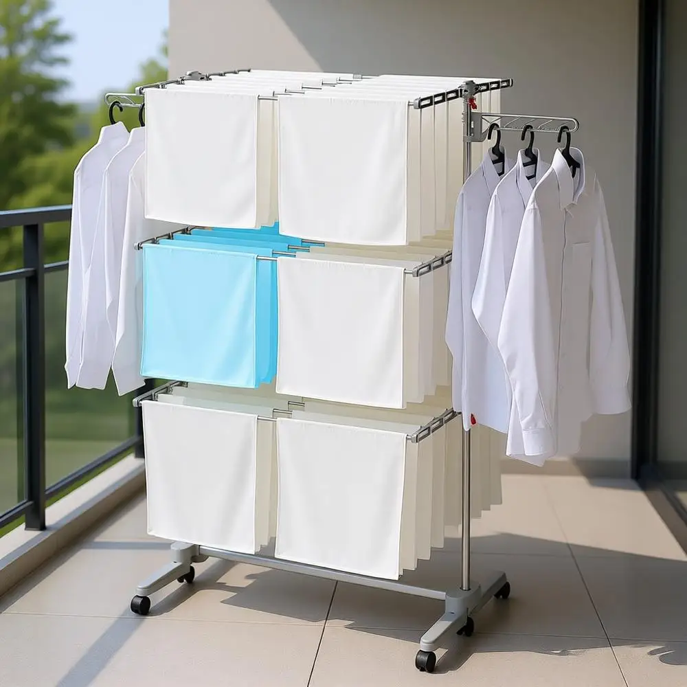 

Heavy-Duty Rolling Laundry Drying Rack with 48 Rods - Ideal for Clothes, Duvets, Bedding, Socks