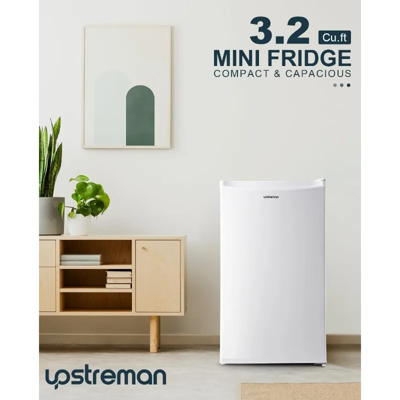 Upstreman 3.2 Cu.Ft Mini Fridge with Freezer, Single Door Mini Fridge, Dorm Fridge, Adjustable Thermostat, Mini Refrigerator