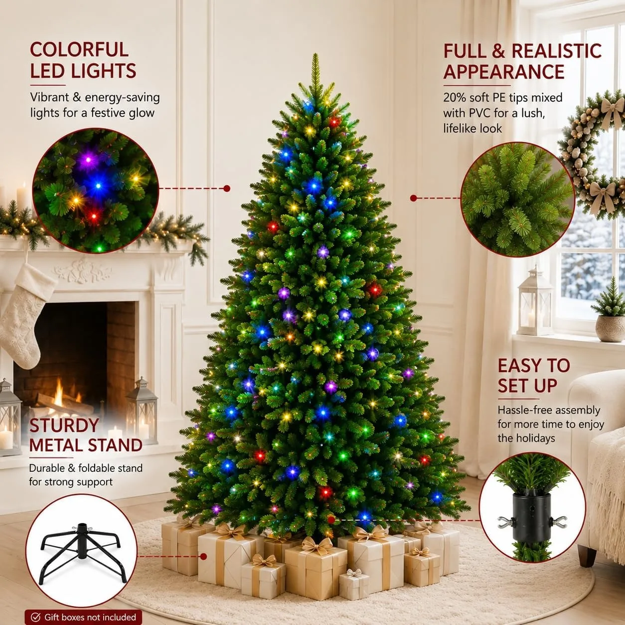 Artificial Christmas Tree 4.5FT/6FT/7.5FT PE PVC Mixed Green Branches Full Wide Profile Layered Shape for Indoor Holiday Decor Living Room Entryway and Office