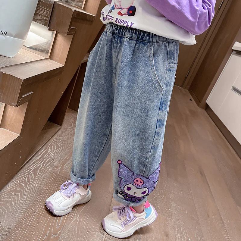 New Sanrio Jeans Korean Cartoon Kawaii Kuromi Children\'s Casual Pants Cute Girl Embroidered Pants Casual Pants Loose Pants