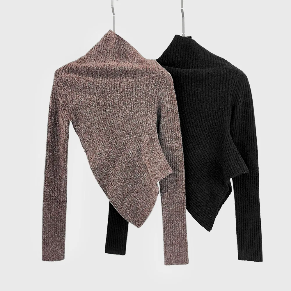 

Женская футболка из смеси хлопка Y2K, базовый слой с полувысоким воротником, асимметричный облегающий элегантный вязаный топ, новинка осени/зимы 202, новинка