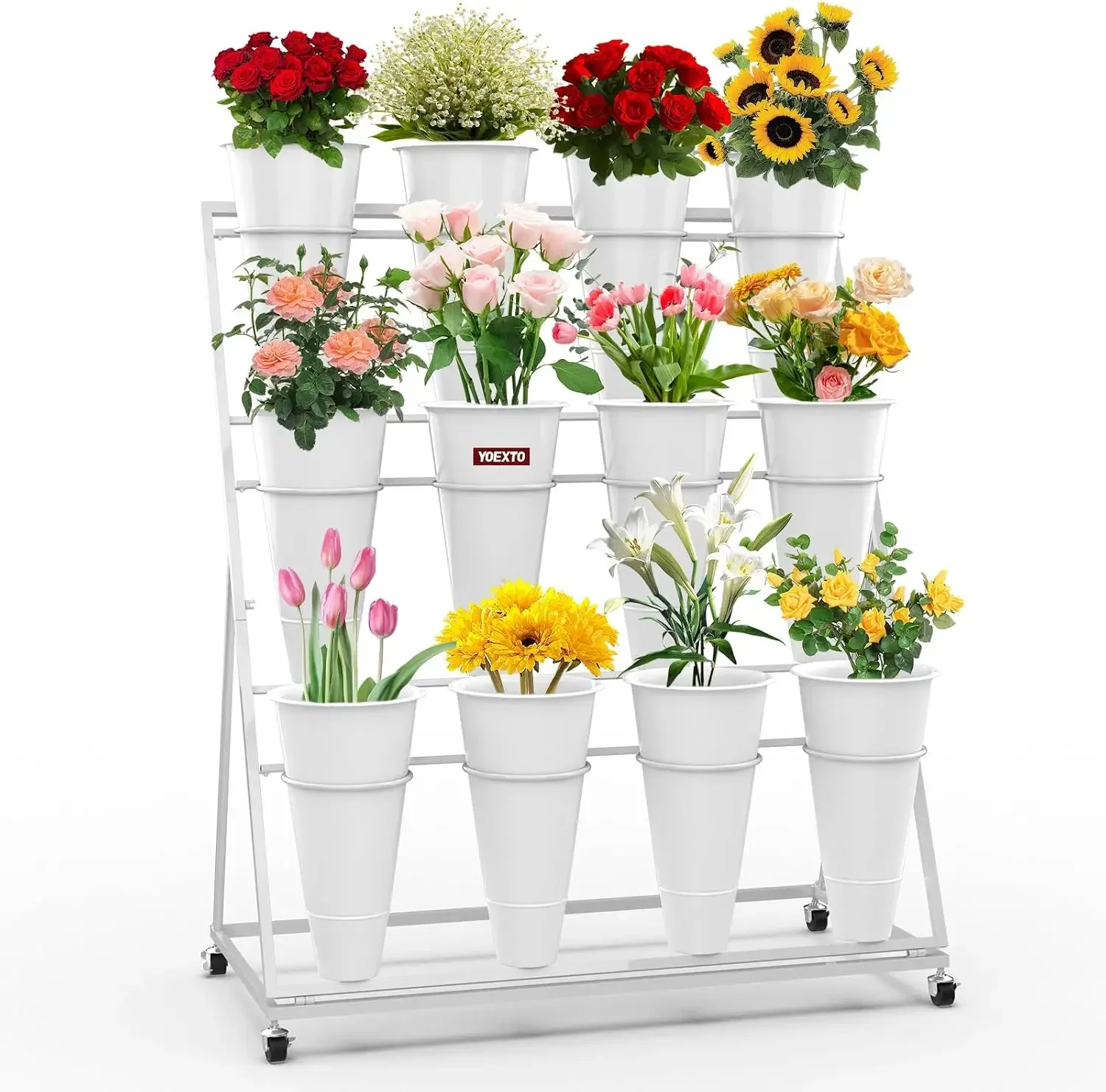 Flower Display Stand with 12 Buckets, 3-Layer Metal Plant Stand with Wheels, Movable for Terrace Garden, Living Room, Florist Sh