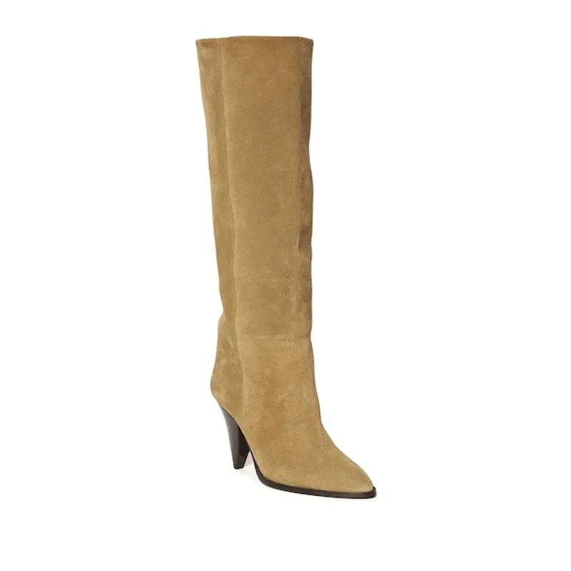 European and American Fashion Denim Pointed Toe Tapered Heel and Sleeve Versatile Knee High Boots, Women\'s Suede Walking Boots