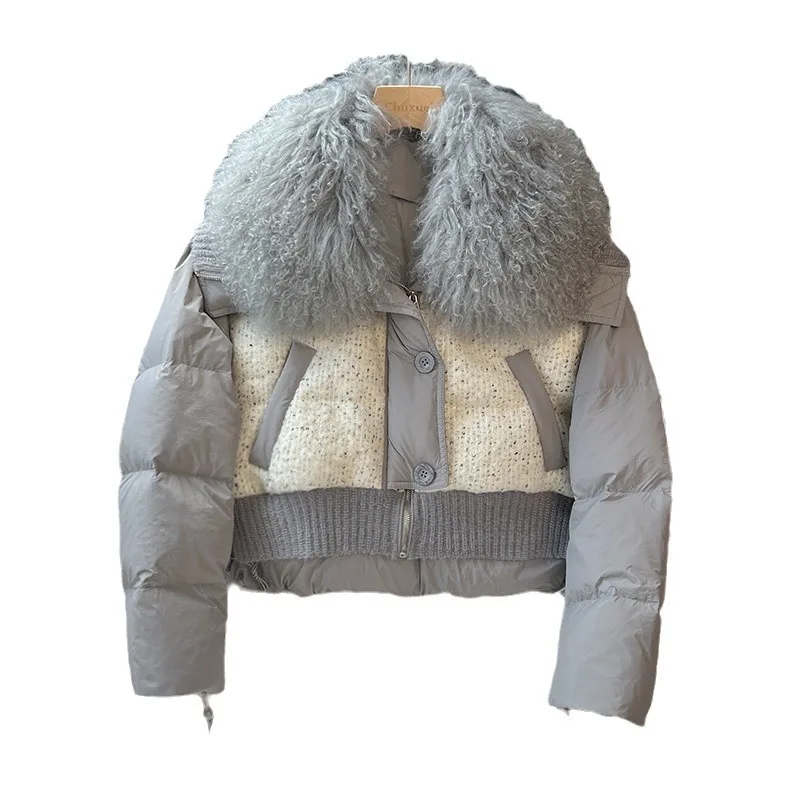 Women's Winter Top Coat Down Jacket White Duck Down Patchwork Short Fur Collar Thickened Warm Simple Comfortable Niche Versatile