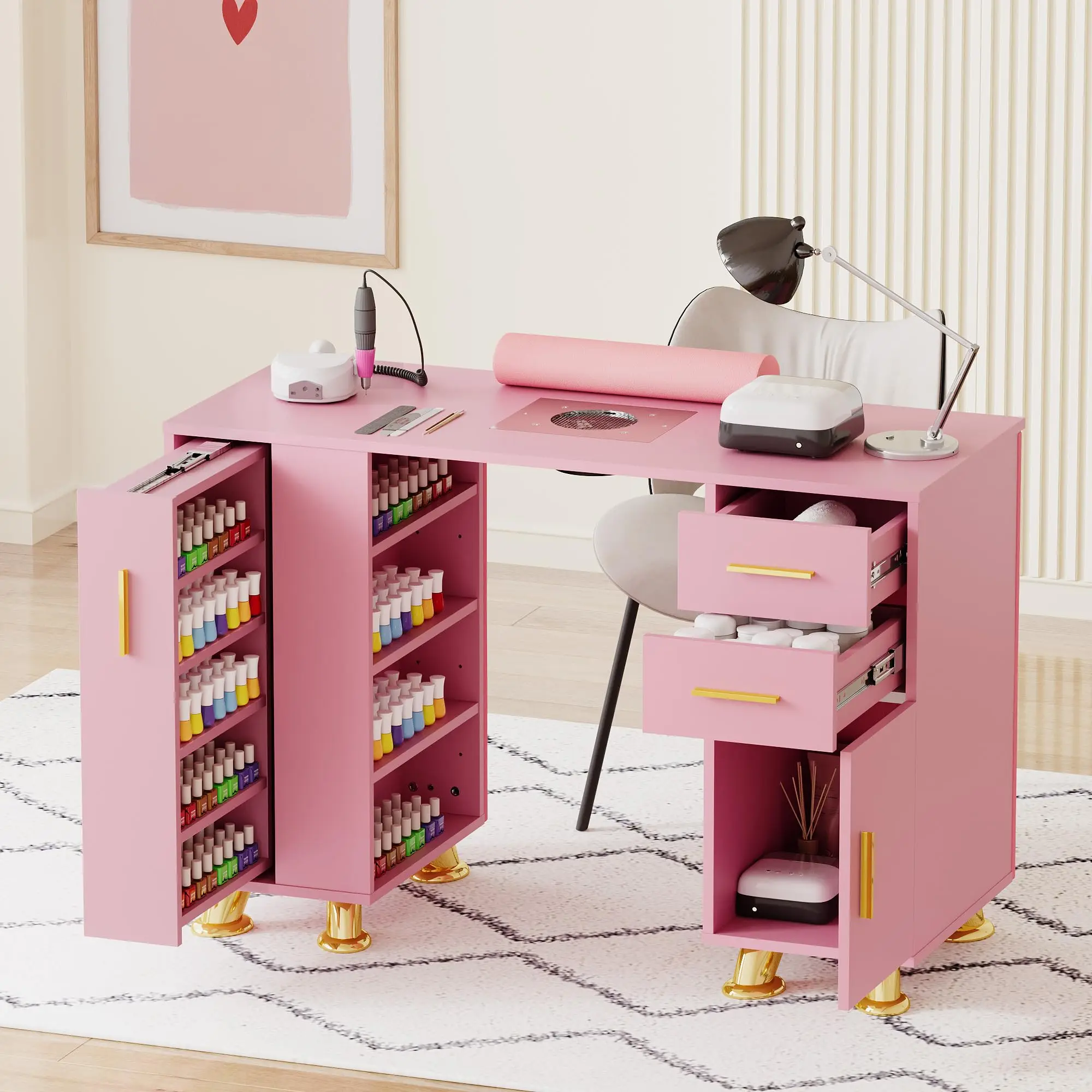Manicure Table Nail Desk with Dust Collector(Pink)
