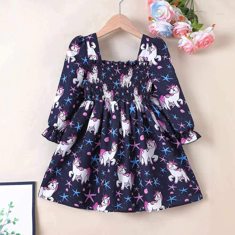 

2023 Winter New Girls Dress Long Sleeve Square Collar Print Unicon Blue Cute Designer Girls Princess Dress Vestido 0-3T