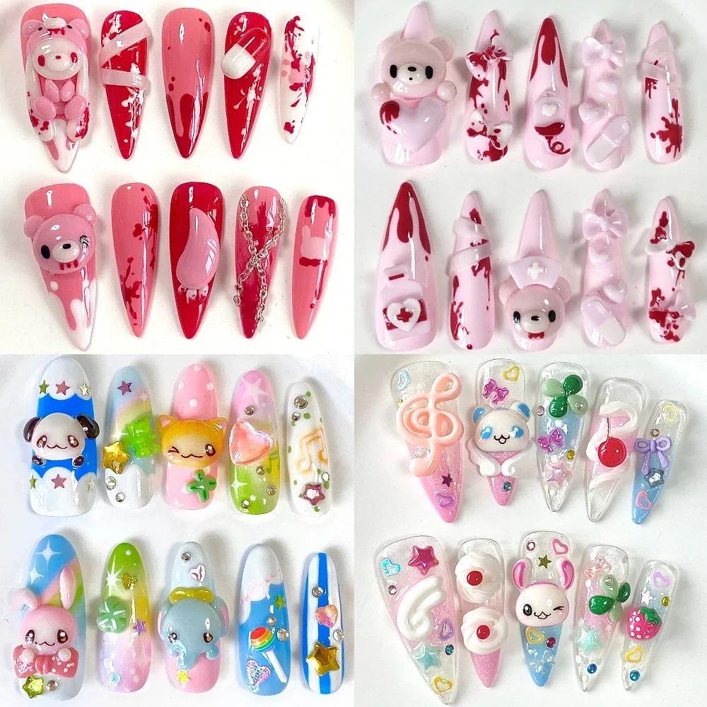 

10Pcs Cartoon Bear Rabbit Sheep Handmande Long Almond Press On Nails Bowknot Pearl Diamond Wings Strawberry Full Cover Nails