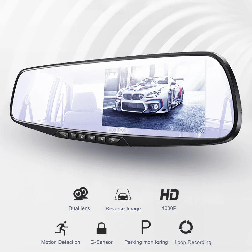 Dual Lens Car DVR Mirror Dash Cam, Visão Noturna, Frente e Traseira, 170 Ângulo, Câmera de Inversão, Gravador de Vídeo Digital, Backup, HD 1080P