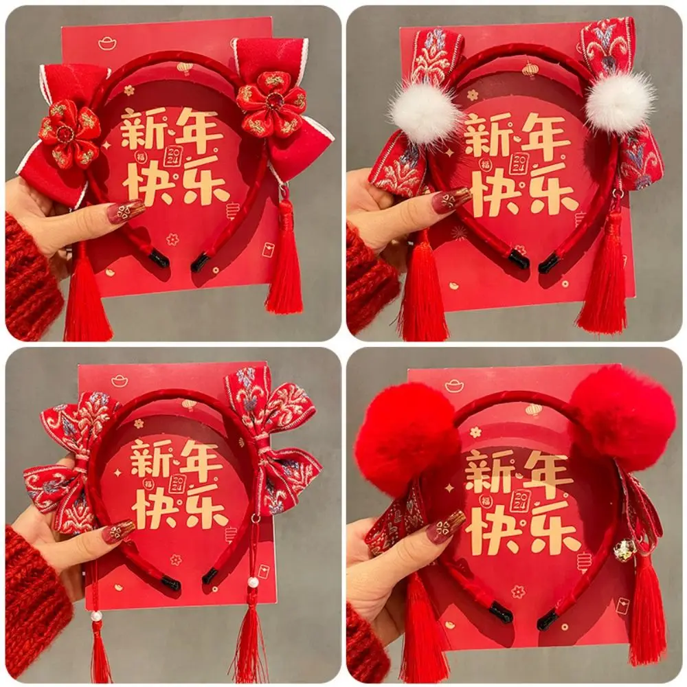 Red Hairband New Year Hair Band Tassel Flower Red Bow Headband Child Headwear Felt Hair Hoop Chinese Style Headdress
