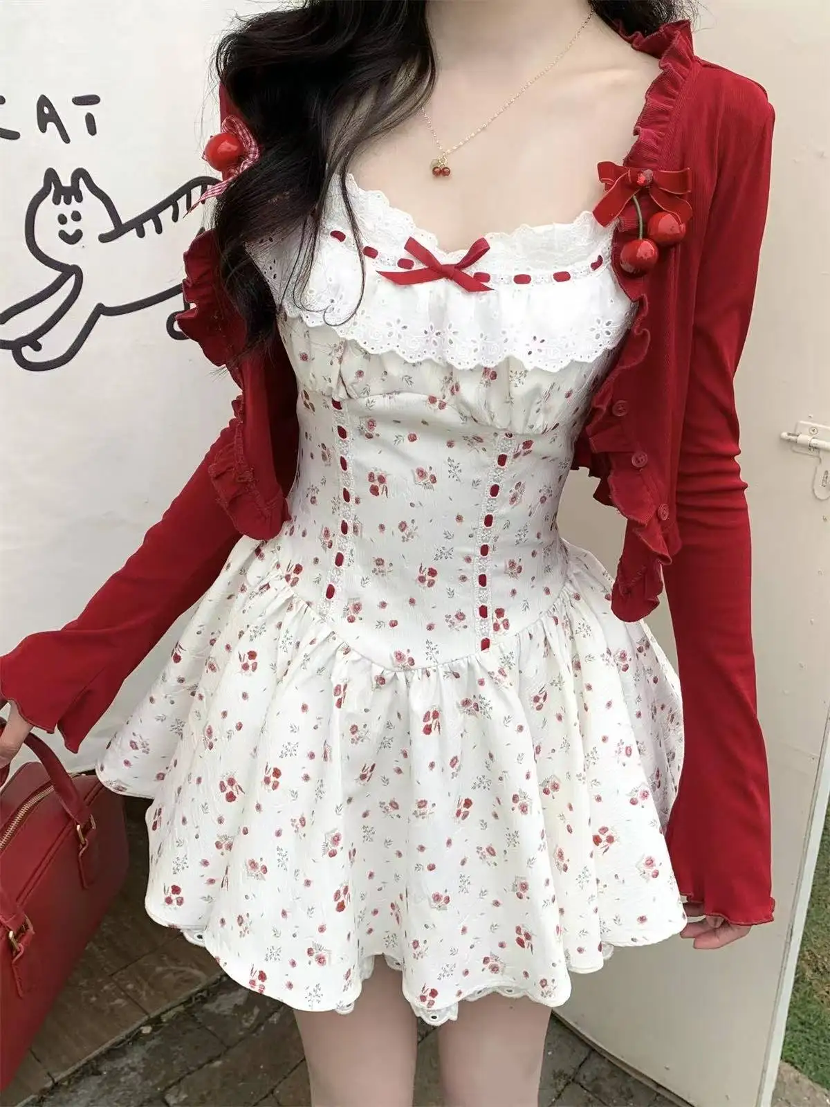 Y2k Japanese Two Piece Dress Woman Red Short Cardigan Lolita Floral Y2k Mini Dress Women New Fashion Sets