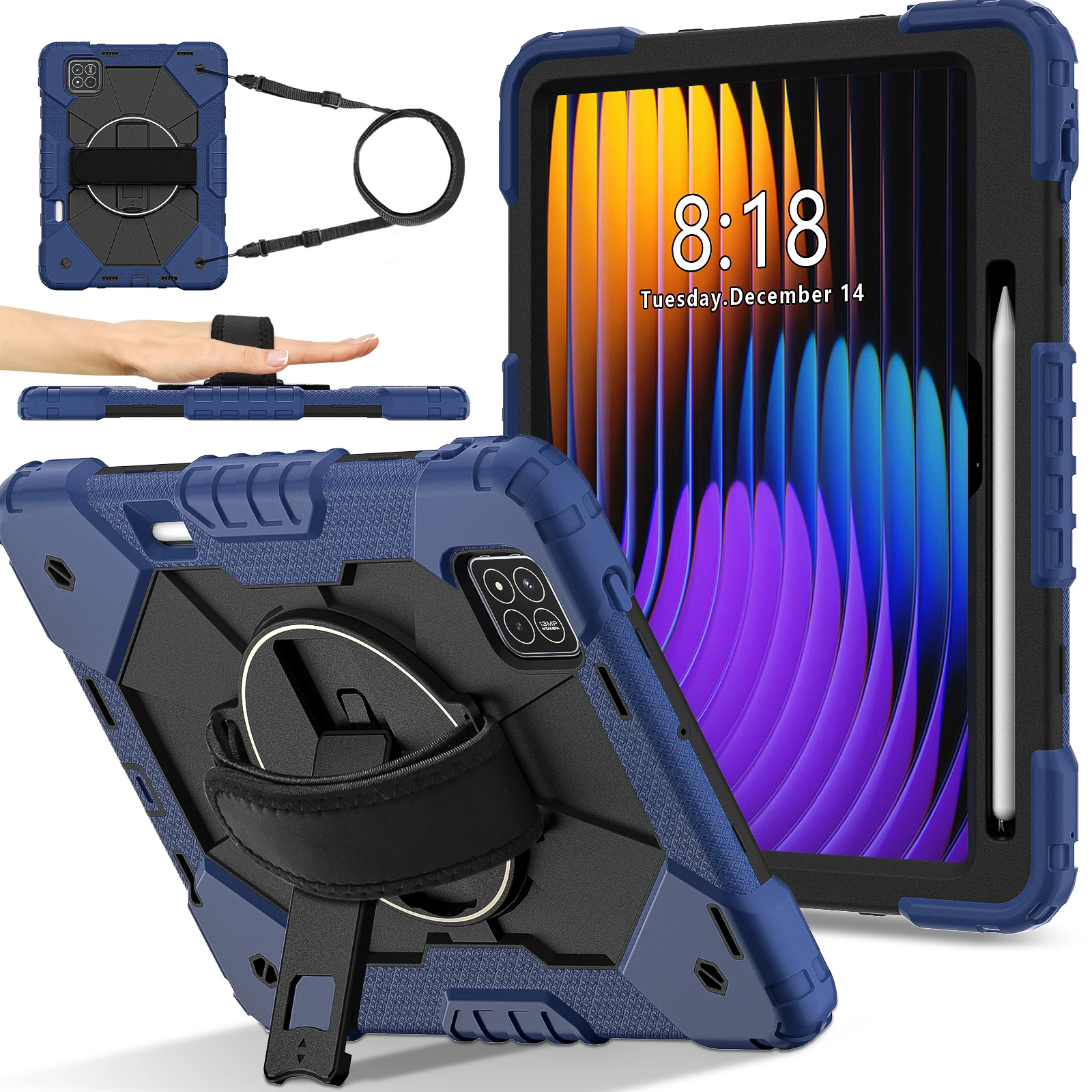 

For Xiaomi Pad 7 Pro / Pad 7 Case Silicone + PC Kickstand Tablet Cover with Handy Strap - Navy Blue / Black