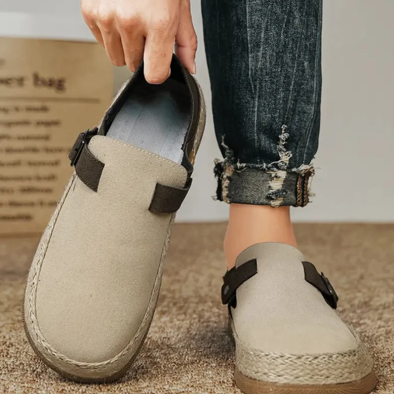 Tênis de fivela de cinto antiderrapante masculino, mocassins leves e confortáveis, cabeça redonda, sola grossa, sapatos casuais para caminhada externa