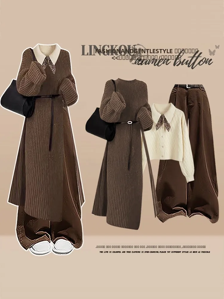 

Ретро большой размер, осенне-зимний женский модный комплект с коричневыми утягивающими повседневными брюками, футболка, вязаный свитер, ансамбль с перекрытием