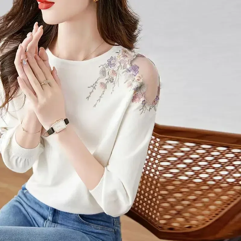 Kimotimo Embroidery Flower Hollow Sweater Women 2023 New Three Quarter Sleeve Thin Knit Tops Korean Fashion Versatile Pullover