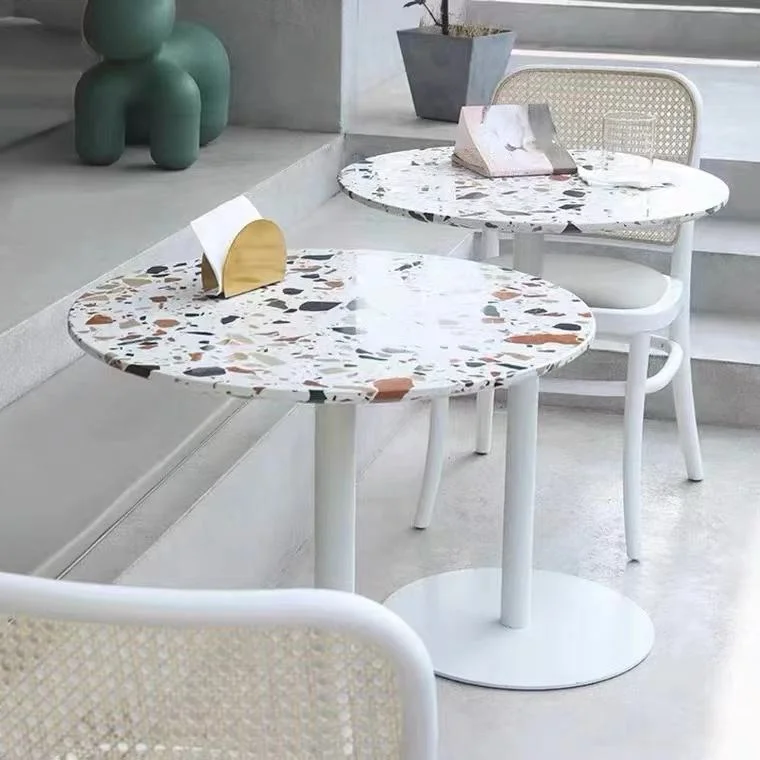 

Hot Sales Nordic Outdoor Cafe Table Fast Food Terrazzo Design Round Table For Coffee Shop Dining Home