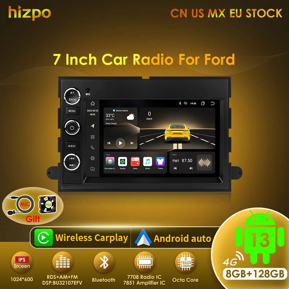 Hizpo Android 13 2 Din GPS Multimedia Player For  Ford 500 F150 Explorer Edge Escape Sport Lincoln Expedition Mustang Car Radio