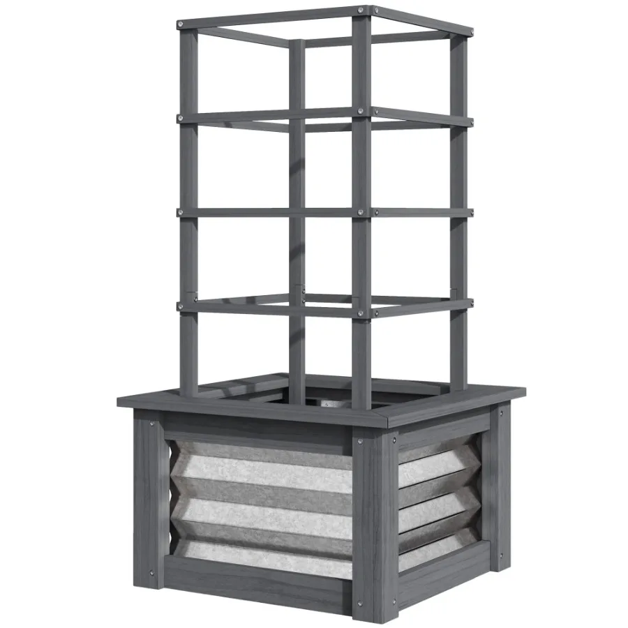 

Wooden Raised Garden Bed with Trellis Galvanized Planter Box Elevated Garden Bed for Garden Patio Gray